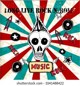 Grunge texture background , text long live rock n roll. Skull and bones. World rock n roll day vector illustration.