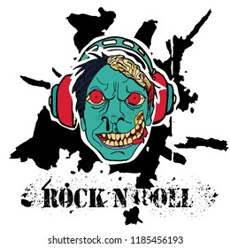 Grunge texture background , text  Rock n Roll. Head of zombie in headphone. Stylish hand drawn vector illustration.