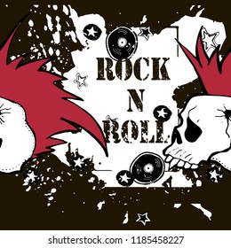 Grunge texture background , text Rock n Roll. Skull and bones. Rock symbol. Punk rock character vector illustration.