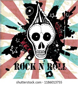 Grunge texture background , text Rock n Roll. Skull and bones. Rock symbol. Punk rock character vector illustration.