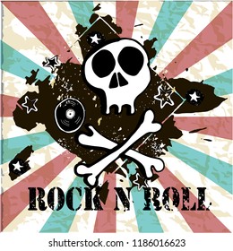 Grunge texture background , text Rock n Roll. Skull and bones. Rock symbol. Hand drawn  vector illustration.