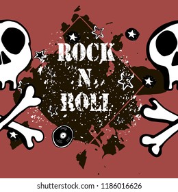 Grunge texture background , text Rock n Roll. Skull and bones. Rock symbol. Hand drawn  vector illustration.