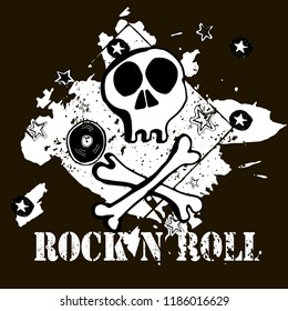  Grunge texture background , text Rock n Roll. Skull and bones. Rock symbol.  Hand drawn  vector illustration.