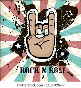 Grunge texture background , text Rock n Roll. Hand palm. Rock symbol. Hand drawn  vector illustration.