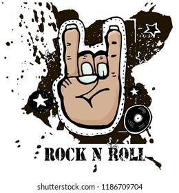 Grunge texture background , text Rock n Roll. Hand palm. Rock symbol. Hand drawn  vector illustration.