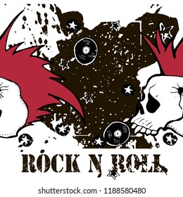 Grunge texture background , text Rock n Roll. Rock symbols. Skull and bones. Punk rock character vector illustration.