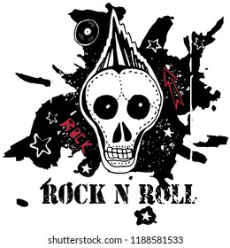 Grunge texture background , text Rock n Roll. Skull and bones. Punk rock character vector illustration.