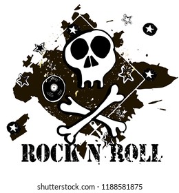 Grunge texture background , text Rock n Roll. Skull and bones. Hand drawn  vector illustration.