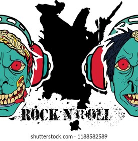 Grunge texture background , text  Rock n Roll. Head of zombie in headphone. Stylish hand drawn vector illustration.