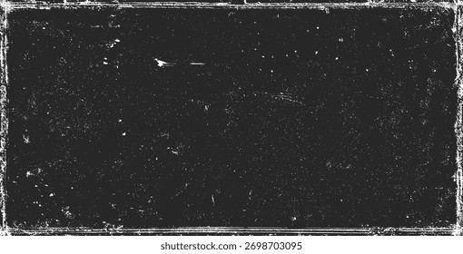 Textura grunge negra desgastada. Efecto de papel desgastado. Textura granulada blanca sobre fondo negro. Superposición de polvo texturizado. Partículas de ruido de grano. Patrón de granulosidad desgarrado. Ilustración vectorial, EPS 10.