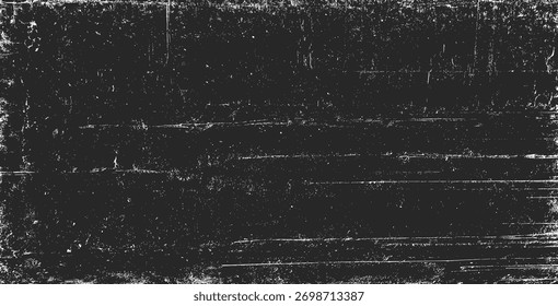 Textura grunge negra desgastada. Efecto de papel desgastado. Textura granulada blanca sobre fondo negro. Superposición de polvo texturizado. Partículas de ruido de grano. Patrón de granulosidad desgarrado. Ilustración vectorial, EPS 10.