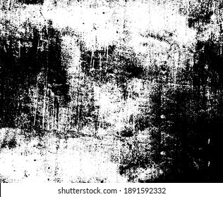 Grunge texture is black and white. The background is made of dirt, chips, scuffs, and wear. Old vintage surface splattered with ink. Soiled backdrop template