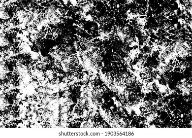 Grunge texture is black and white. The background is made of dirt, chips, scuffs, and wear. Old vintage surface splattered with ink. Soiled backdrop template