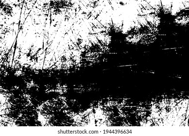 Grunge texture is black and white. The background is made of dirt, chips, scuffs, and wear. Old vintage surface splattered with ink. Soiled backdrop template