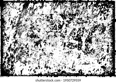 Grunge texture is black and white. The background is made of dirt, chips, scuffs, and wear. Old vintage surface splattered with ink. Soiled backdrop template