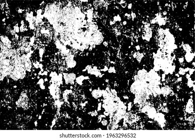 Die Grunge-Textur ist schwarz-weiß. Der Hintergrund besteht aus Schmutz, Pommes frites, Schellen und Verschleiß. Alte Vintage-Oberfläche mit Tinte übersät. Hintergrundbild-Vorlage