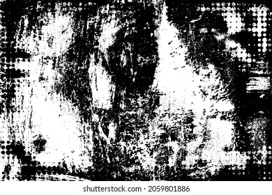Grunge texture is black and white. The background is made of dirt, chips, scuffs, and wear. Old vintage surface splattered with ink. Soiled backdrop template