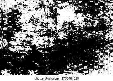 Grunge texture in black and white. Dark dirty background. Pattern of dust, dirt, scratches. Chaotic noise. Monochrome worn surface