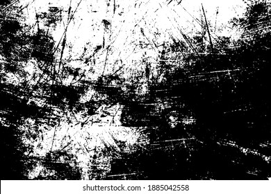 The grunge texture is black and white. Monochrome abstract background. Pattern of scratches, chips, and paint strokes. Black smudges, scuffing, wear and tear