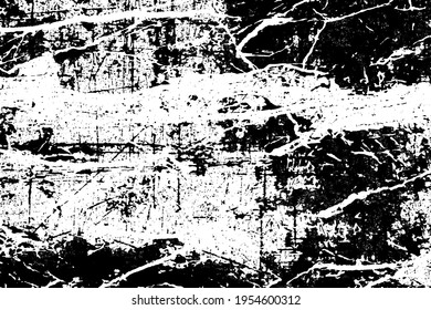 The grunge texture is black and white. Monochrome abstract background. Pattern of scratches, chips, and paint strokes. Black smudges, scuffing, wear and tear