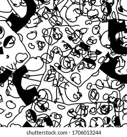 The grunge texture is black and white. Seamless abstract background. Monochrome repeating pattern