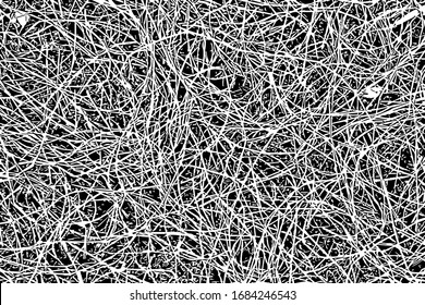 Grunge texture of branches scattered randomly on the ground. Monochrome abstract background of small, randomly and carelessly scattered branches. Vector illustration. Overlay template.