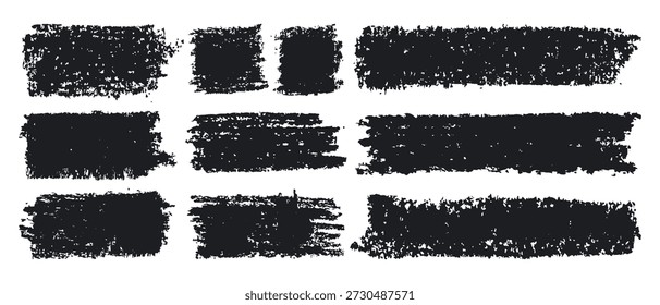Textura grunge сescovas a carvão. Traços de lápis de carvão, mão desenhada rabiscar escovas de carvão bruto vetor plano conjunto de ilustração. Texturas de giz preto traçados sobre fundo branco