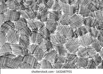 Grunge texture of a carelessly hand-shaded sheet with an ink pen. Hatching, similar to the pattern of patches, in different directions. Drawing by hand. Vector illustration. Overlay template.