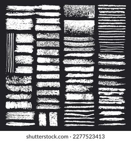 Grunge texture chalk pencil strokes. Chalk brushes, hand drawn doodle rough charcoal brush flat vector illustration set
