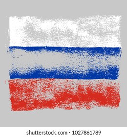 Grunge texture of chalk in russia flag (white,blue, red) on grey background