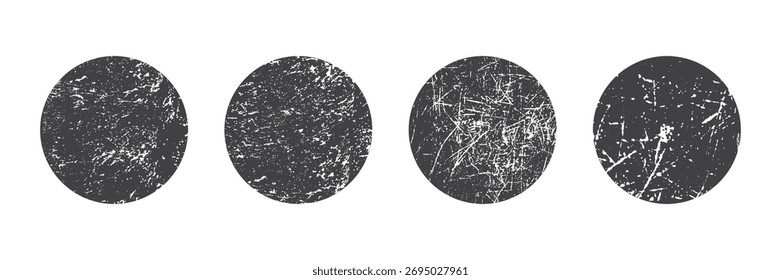 Círculos de textura grunge definidos. Coleção de sobreposições redondas angustiadas com efeitos arranhados, sujos e espalhados para retro foto ou fundo de uso. Ilustração vetorial.