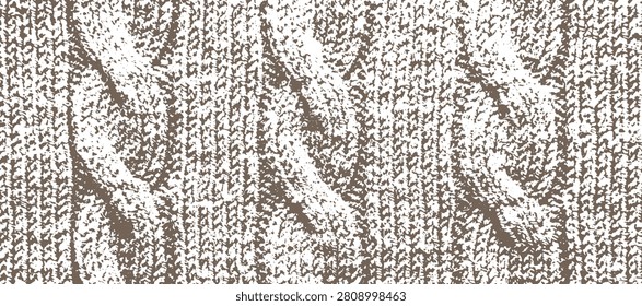 Grunge texture of classic knitted cable stitch pattern. Winter backdrop for cozy commercial designs, seasonal greetings, fashion branding and textiles