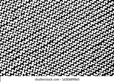 Grunge texture of close-up loops arranged diagonally. Background of knitted fabric with handkerchief binding. Vector illustration. Overlay template.