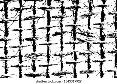Grunge texture close-up of natural burlap fibers. Monochrome background of macro threads of coarse fabric. Rope grid. Overlay template. Vector illustration