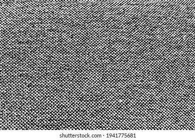Grunge texture of coarse fabric. Monochrome background of old rough cloth with spots, noise and graininess. Overlay template. Vector illustration