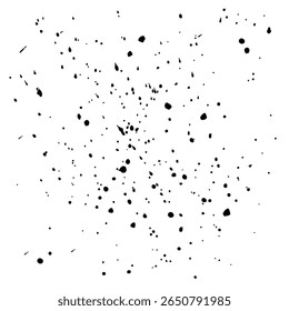 A textura grunge consiste em pontos pretos, respingos, manchas e manchas. A tinta preta salta sobre um fundo branco. Padrão granulado monocromático de gotículas pretas. Clipart vetorial ilustrado. Desenho manual sem ai