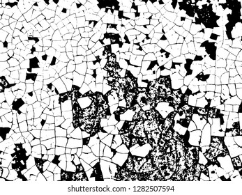 Grunge texture of cracked peeling paint on an old wall. Monochrome background damaged scuffed surface. Overlay template to quickly create a grunge effect. Vector illustration