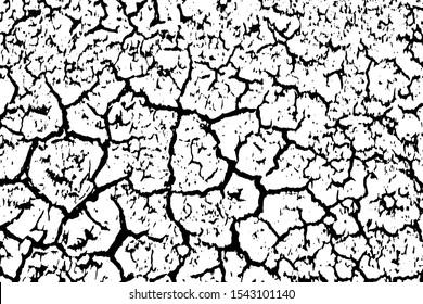 Grunge texture of cracked soil drought. Monochrome background of rough dried earth with spots, damages and faults. Overlay template. Vector illustration