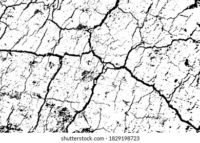 Grunge texture of cracked soil. Monochrome background of a dry desert surface with cracks, spots and noise. Overlay template. Vector illustration