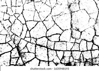 Grunge texture of cracks on asphalt. Monochrome background of the damaged surface with cracks and dirt. Vector illustration. Overlay template.