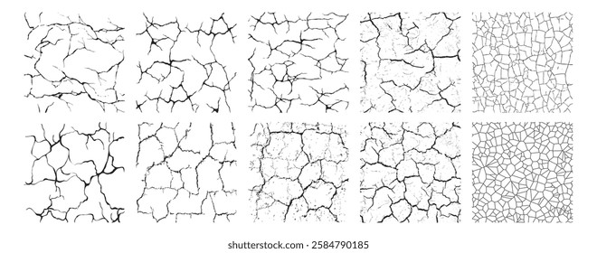 Grunge texture of cracks overlay, stains and old surface set. Isolated split and damage fracture illustration set. Wall cracks with broken texture. Ground earthquake effect. 