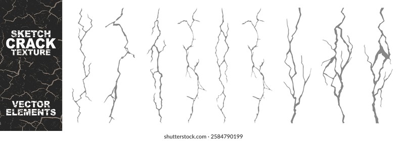 Grunge texture of cracks overlay, stains and old surface set. Isolated split and damage fracture illustration set. Wall cracks with broken texture. Ground earthquake effect. 