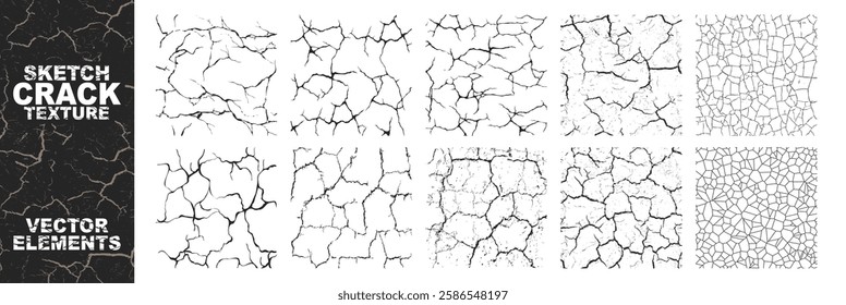 Grunge texture of cracks overlay, stains and old surface set. Isolated split and damage fracture illustration set. Wall cracks with broken texture. Ground earthquake effect. 