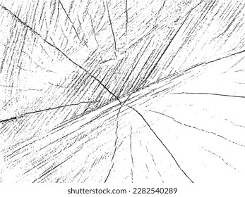 Grunge texture of the cut of a tree trunk with cracks. Monochrome background of an old damaged log with damage and cracks. Overlay template. Vector illustration
