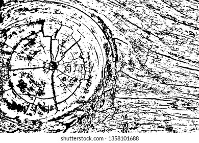 Grunge texture damaged wooden board with a knot. Monochrome old wood surface with cracks, stains, noise and grit. Overlay template. Vector illustration