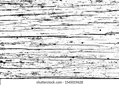 Grunge texture of dilapidated wooden board. Monochrome background of old damaged wood surface with spots, stripes, scratches and noise. Overlay template. Vector illustration