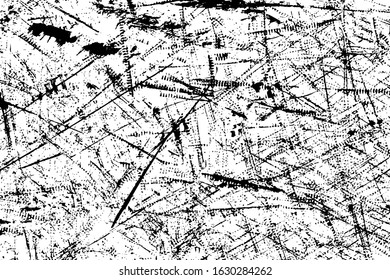 Grunge texture of a dirty stained wall. Monochrome urban background of a damaged surface with spots, scratches, dotted lines, noise and grit. Overlay template. Vector illustration