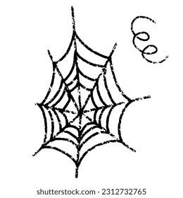 Grunge texture doodle illustration of cobweb. Halloween icon. Thin monochrome web. Isolated black element on a white background. Hand drawing. Element for holiday design.