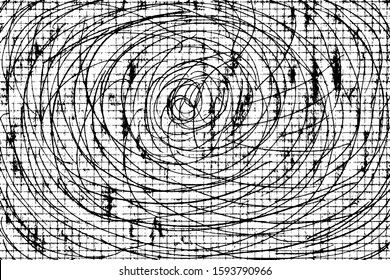 Grunge texture Doodle round shape on a piece of paper in the box. Abstract background, strokes, graininess, noise, strikethrough. Vector illustration. Overlay template.