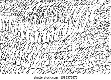 Grunge texture of doodles drawn in children's style with small spirals. Abstract background of sloppy curls with mud, messy shape. Vector illustration. Overlay template.
